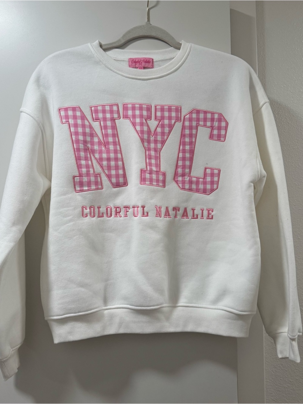 Colorful Natalie White Sweatshirt with Pink NYC Appliqué-XS